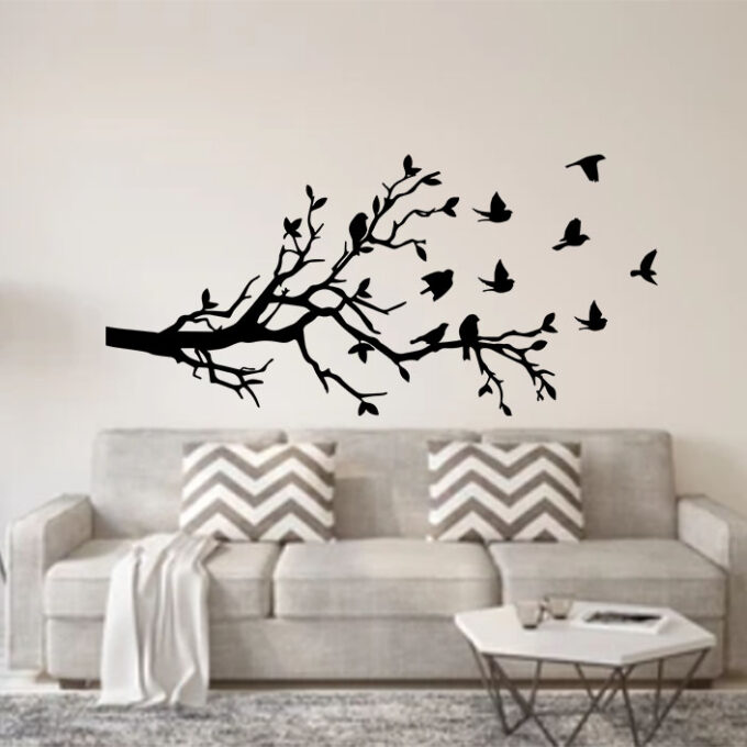Tree wall decal with birds flying away — nature-inspired vinyl wall art for home décor