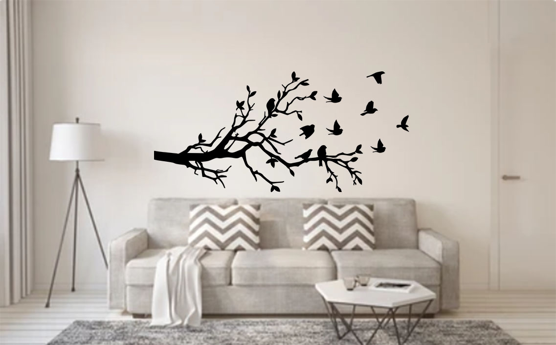Tree wall decal with birds flying away — nature-inspired vinyl wall art for home décor